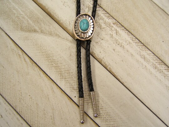 Vintage 2024 Metal Bolo Tie, Silver and Turquoise, Flower, Nice Design, Quality, Heavy Duty, Made in USA, Country & Western, Cowboy, Western Wear