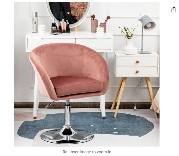 Adjustable Height Vanity Chair Pink Velvet Makeup Chair with Chrome Frame, Round-Back, Comfortable Swivel Accent Leisure Chair for Living Room, Bedroom