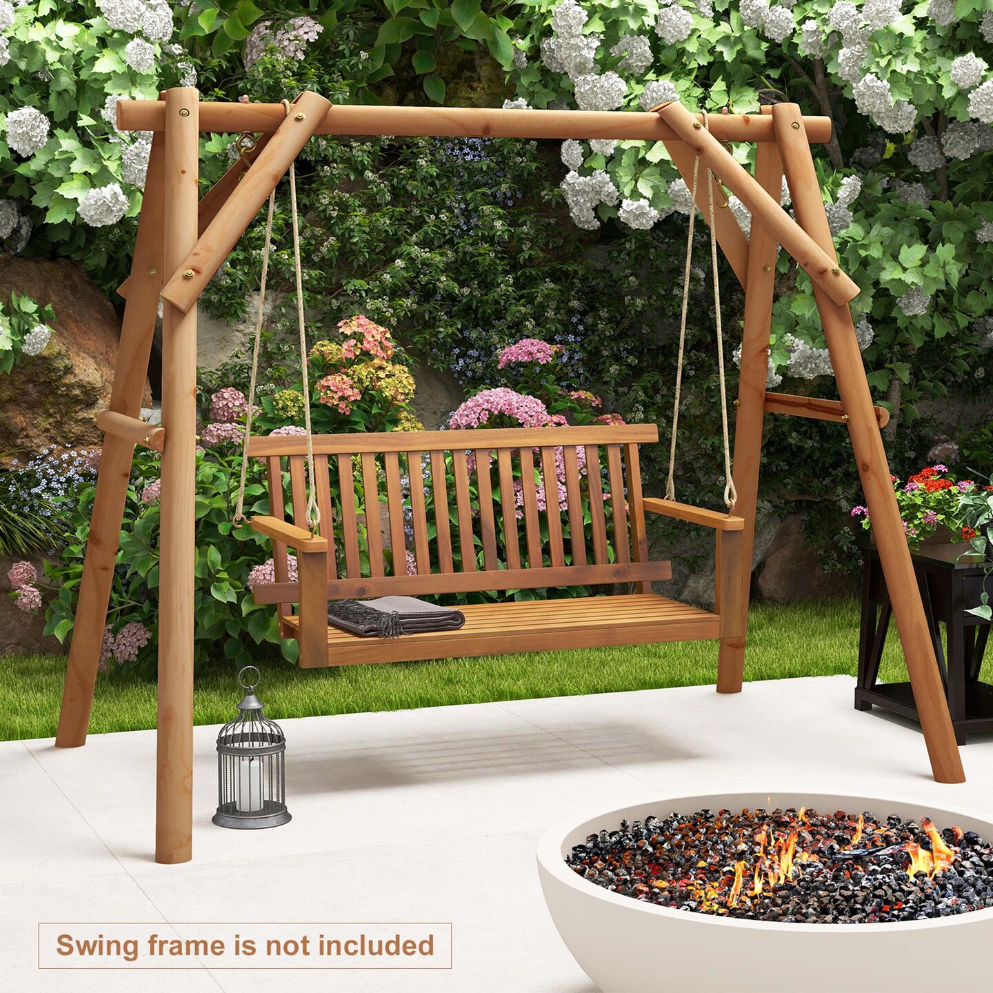 Costway 2-Seat Porch Swing Bench Acacia Wood Chair with 2 Hanging Hemp Ropes for Backyard