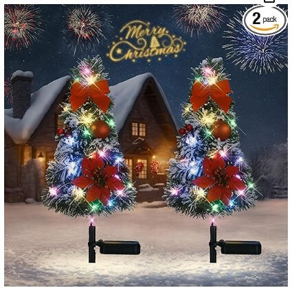 2 Pack 27.16 IN Solar Christmas Tree Lights Decorations Outdoor Waterproof Small Artificial Christmas Tree Decorative Lights, 2 Lighting Modes, Xmas Pathway Lights for Garden Patio Cemetery Decor