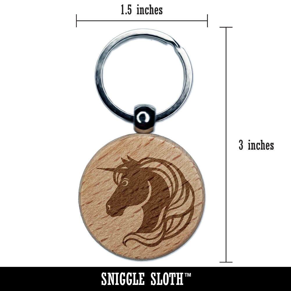 Unicorn Head Flowing Mane Engraved Wood Round Keychain Tag Charm