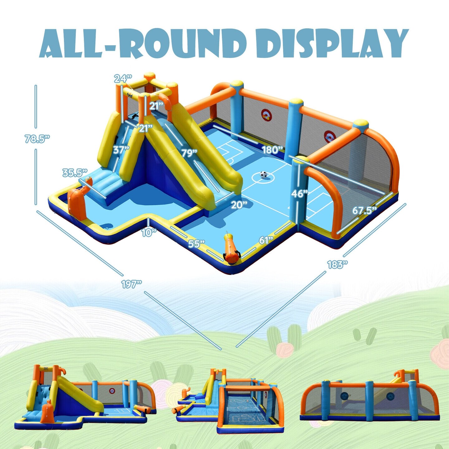 Kids Inflatable Water Bouncer With Soccer Zone Slides Climbing Wall And Splash Pool