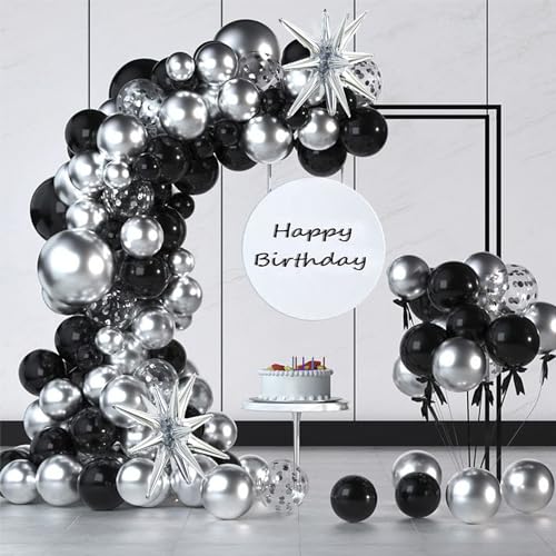 Black and Silver Balloon Garland Arch Kit with Latex Confetti Balloons Silver Explosion Star Balloons for New Year Eve Party Decor Graduation Birthday Wedding Anniversary Party Supplies