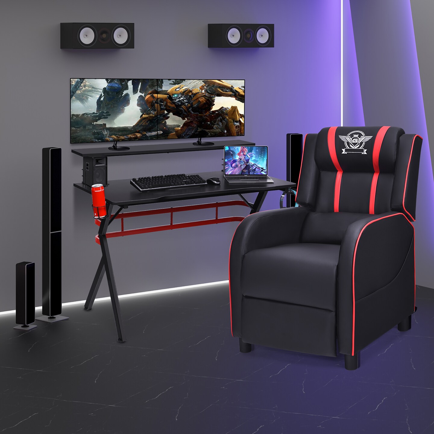 Costway Gaming Desk &#x26; Chair Set 48&#x27;&#x27; Computer Desk &#x26; Massage Recliner Chair Black + White/Blue/Pink/Red