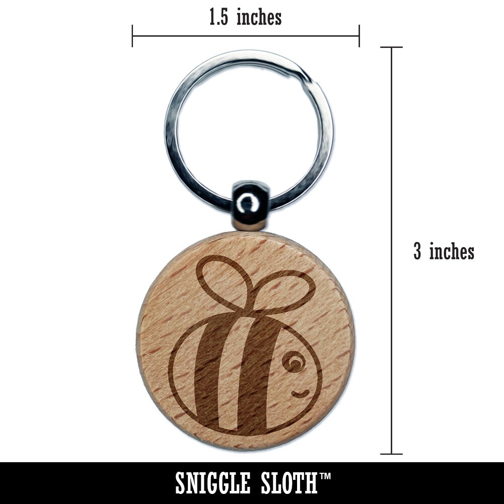 Buzzy Bumble Bee Engraved Wood Round Keychain Tag Charm