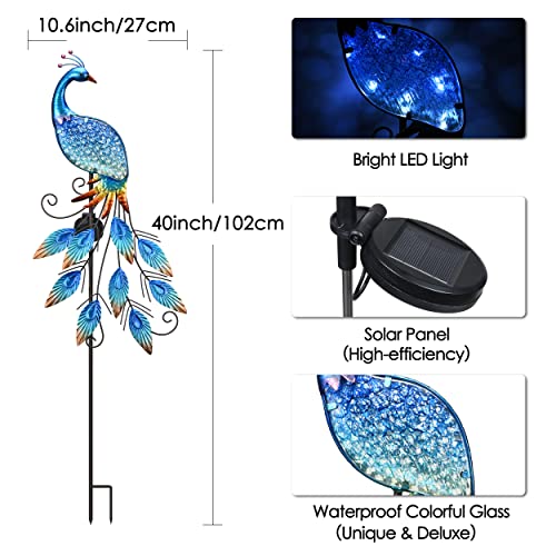 40"Glass Outdoor Decor Peacock Yard Art with Solar Garden Stake Lights, Glass Pathway Lights Lawn Ornaments for Patio, Backyard, Flowerbed, Pond, Outside Home Decorations