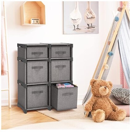 6 Cube Storage Organiser - Grey Cube Organiser Shelf, DIY Storage Cubes Organiser Shelves with Fabric Storage Cubes, Sturdy Cubbies Storage Shelves, Cube Storage Shelf for Bedroom, Playroom, and More