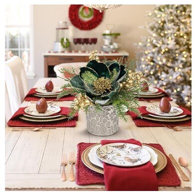 9" Glitter Magnolia Flower Golden Berries Fir Greenery Artificial Christmas Floral Centrepiece in Silver Ceramic Pot TableTop Christmas Table Arrangement Decor