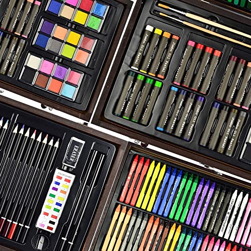 145 Piece Deluxe Art Set, Wooden Box &#x26; Drawing Kit with Crayons, Oil Pastels, Colored Pencils, Watercolor Cakes, Sketch Pencils, Paint Brush, Sharpener, Eraser, Color Chart (Cherry)
