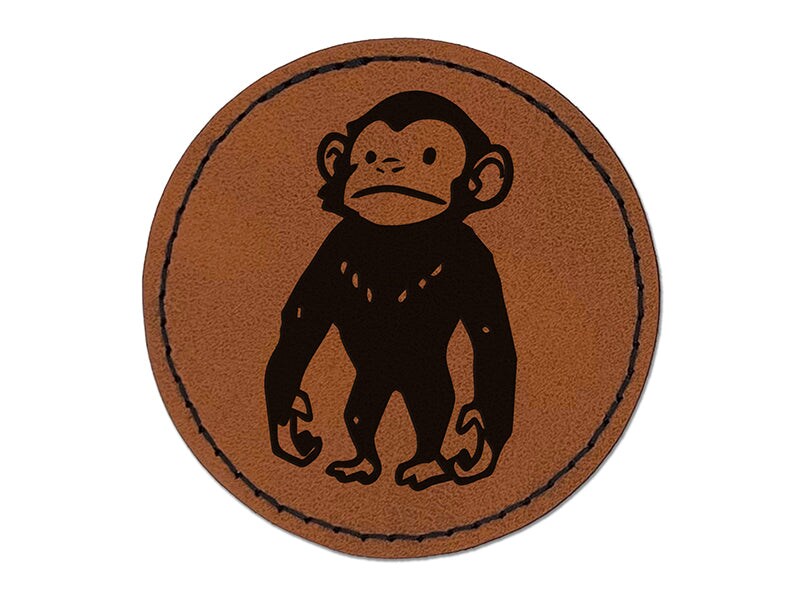 Standing Stoic Chimpanzee Ape Monkey Round Iron-On Engraved Faux Leather Patch Applique - 2.5&#x22;