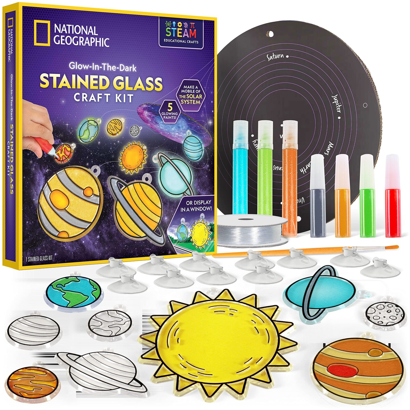 NATIONAL GEOGRAPHIC Kids Window Art Kit - Stained Glass Solar System Arts &#x26; Crafts Kit with Glow in The Dark Planets, Use as Window Suncatchers, Hanging Decor from Ceiling, Mobile, Space Room D&#xE9;cor
