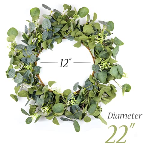 22 inches Eucalyptus Wreaths for Front Door, Handmade Green Leaves Wreath for Summer, Spring and All Seasons, Greenery Floral Wreath for Wall and Outside