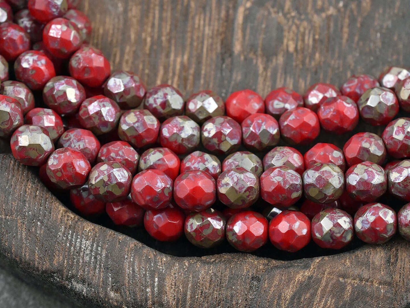 *25* 8mm Fire Engine Red Silver Travertine Fire Polished Round Beads