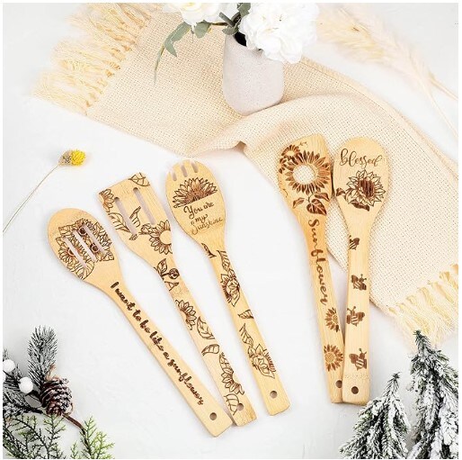 Sunflower Wooden Spoons Set of 5 Burned Cooking Utensil