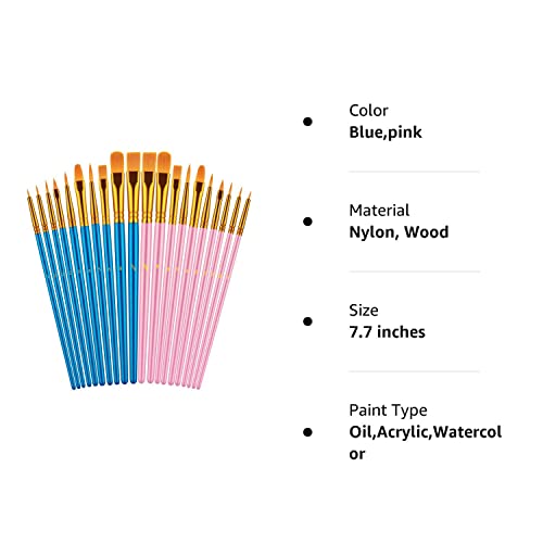 20 Pcs Paint Brushes Set, Paint Brushes for Acrylic Painting, Oil Watercolor Acrylic Paint Brush, Artist Paintbrushes for Body Face Rock Canvas, Kids Adult Drawing Arts Crafts Supplies, Blue+Pink