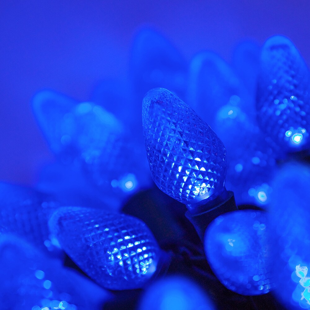 25 Blue C7 LED Christmas Lights, Green Wire, 8&#x22; Spacing