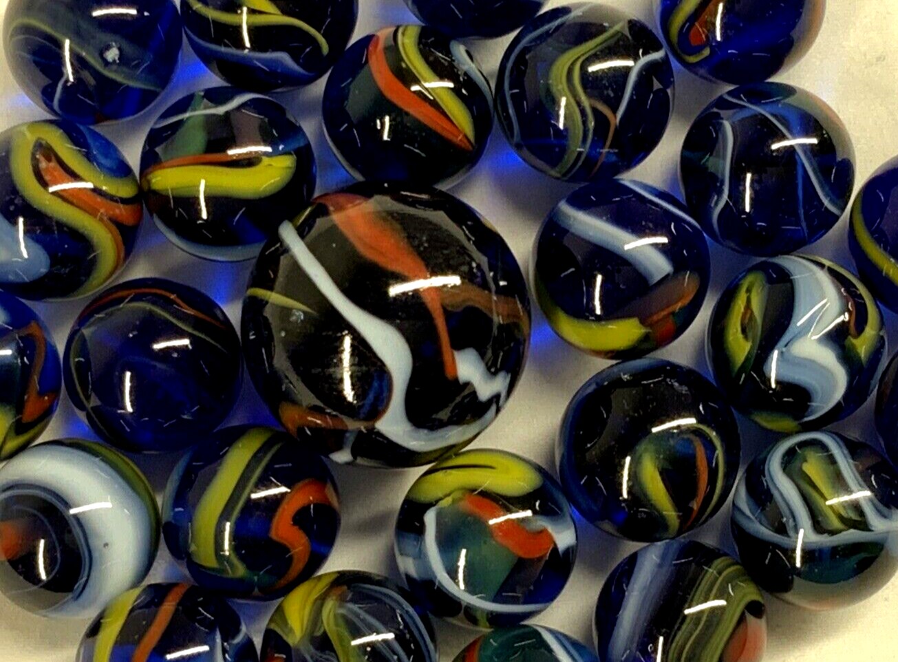 25 Glass Marbles ECLIPSE Cobalt Blue Red Yellow Transparent Shooter