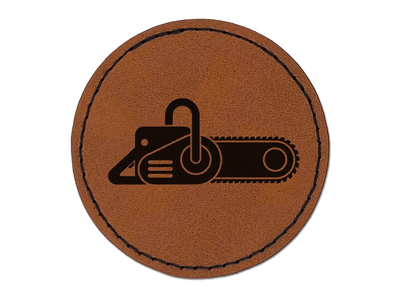 Gas Powered Chainsaw Round Iron-On Engraved Faux Leather Patch Applique - 2.5&#x22;