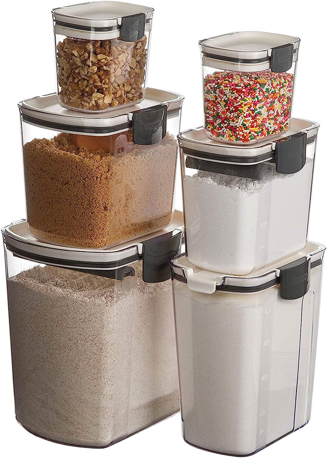 Prepworks ProKeeper 6 Piece Kitchen Clear Plastic Airtight Food Flour And Sugar Storage Organization Container Baking Canister Set, White