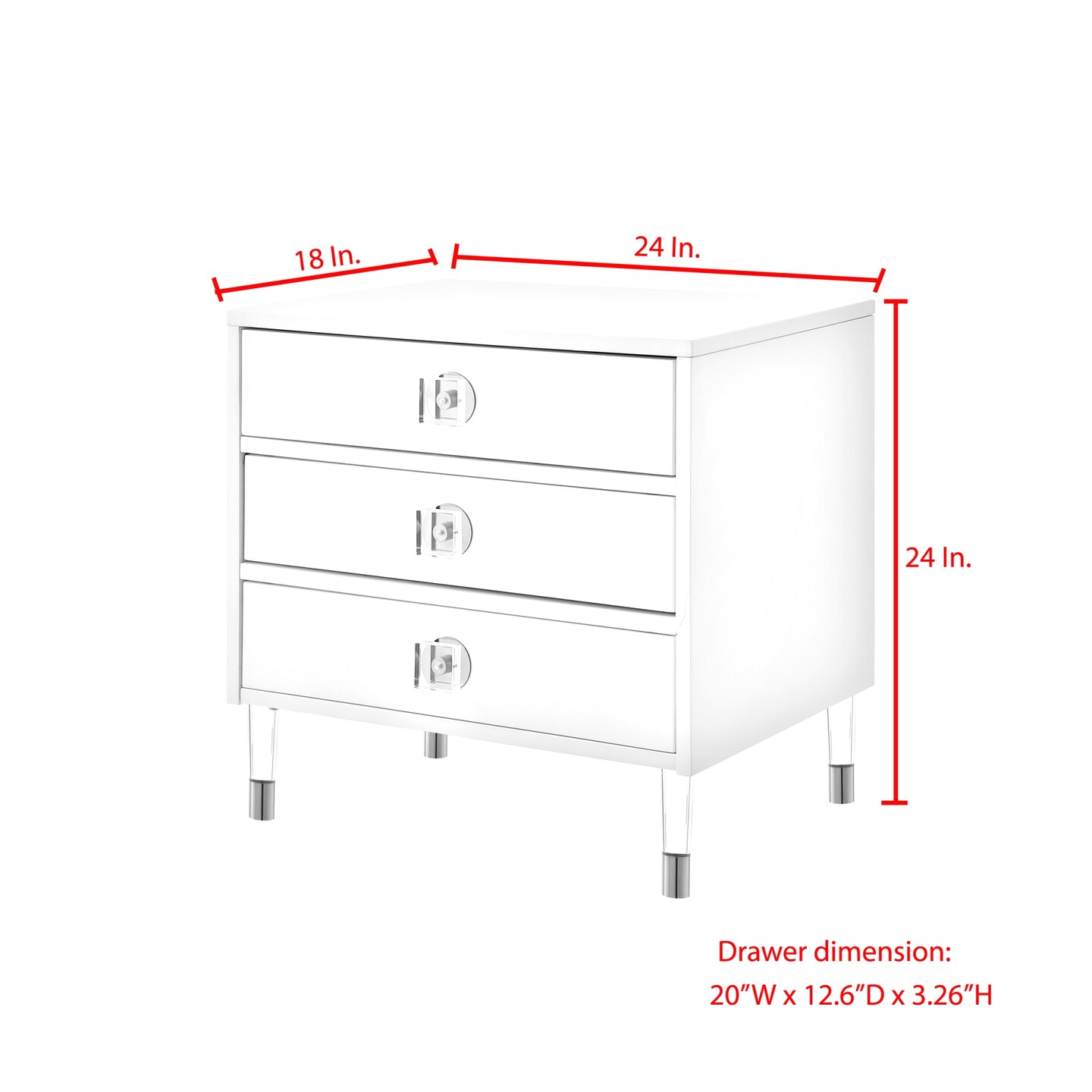 Telono High Gloss 3-Drawer Acrylic Knob/Leg Accent/Side Table Nightstand