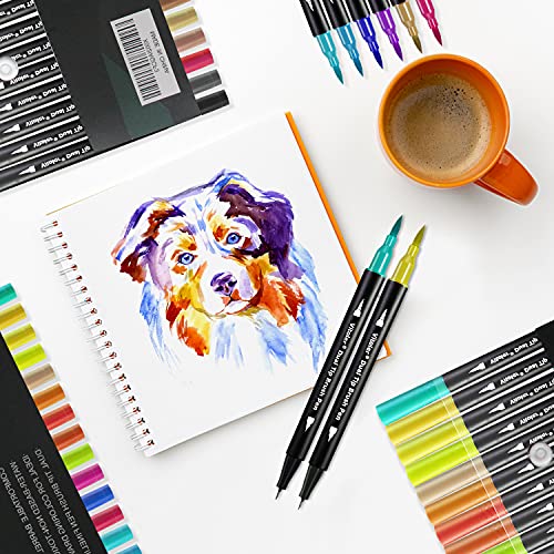 Dual Tip Brush Markers Colored Pen,Fine Point Journal Pens & Colored Brush Markers for Kid Adult Coloring Drawing Planner Calendar Art Projects(34 Colors Pen)