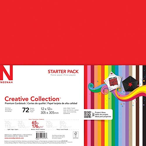72 Sheets Creative Collection Starter Kit Cardstock, 12" x 12", 65 lb/176 gsm 18-Color Assortment