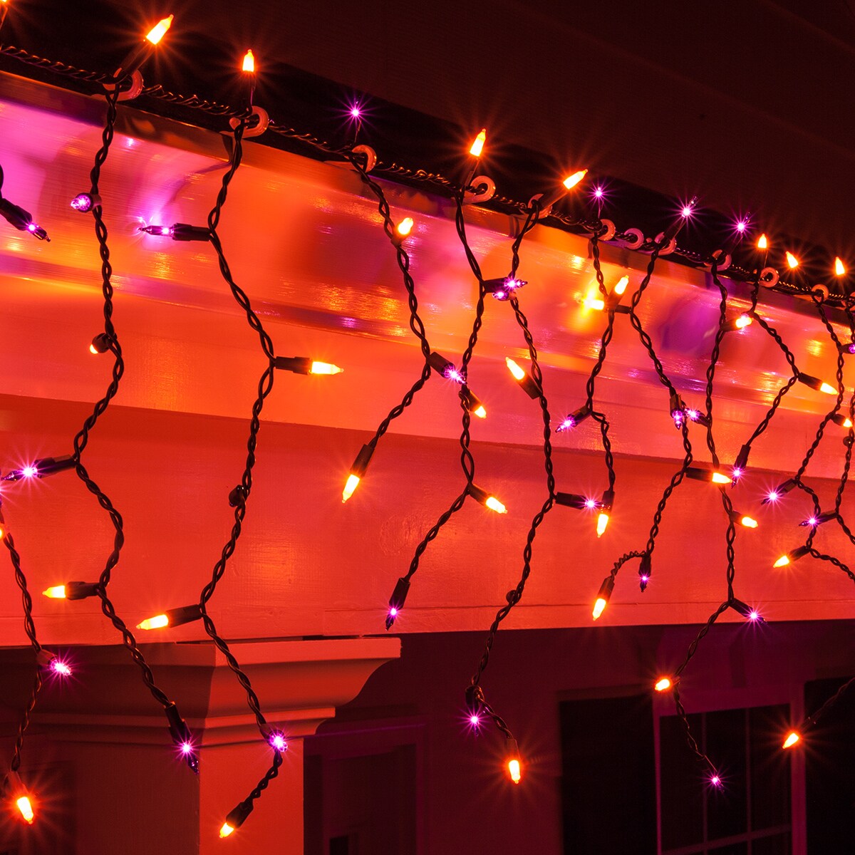 150 Purple, Orange Mini Icicle Light Set, Black Wire