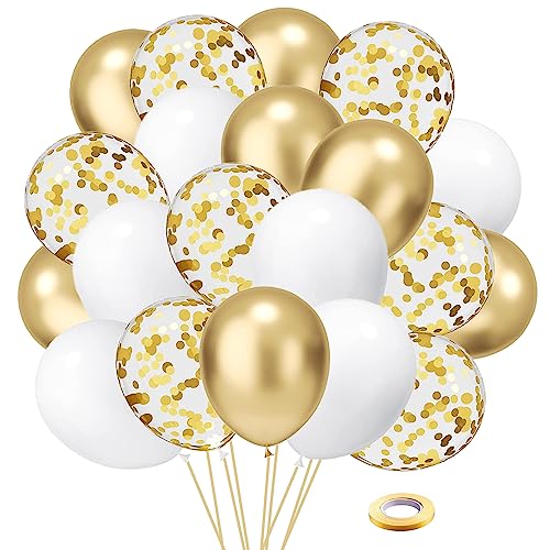 50 Pieces White and Gold Confetti Latex Balloons, 12 inch gold and white Party Balloons with Ribbons for Birthday Graduation Wedding Bridal Shower Party Decoration