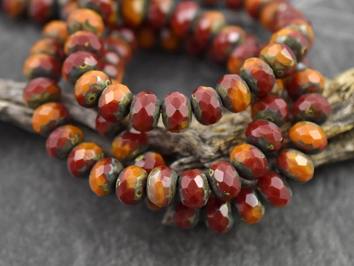 *25* 6x8mm Blended Red &#x26; Orange Opaline Picasso Fire Polished Rondelle Beads