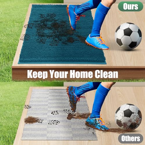 IM HOME Durable Chenille Absorbent Outdoor Doormat 24&#x22; x 36&#x22;, Muddy Washable Door Mats for Dog Non Slip Heavy Indoor Doormat Soft Front Inside Doormat for Entryway, Mud Dog Paws, Patio Teal Blue