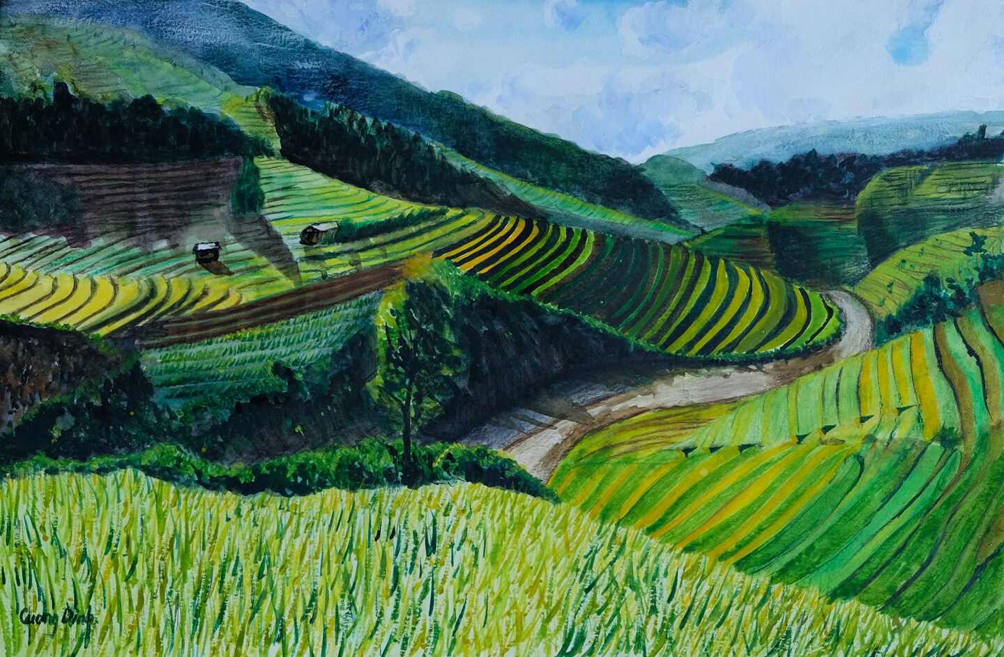 Rice Fields on Terraced of Mu Cang Chai, Yenbai, Vietnam. Original Watercolor landscape painting 12x18 in