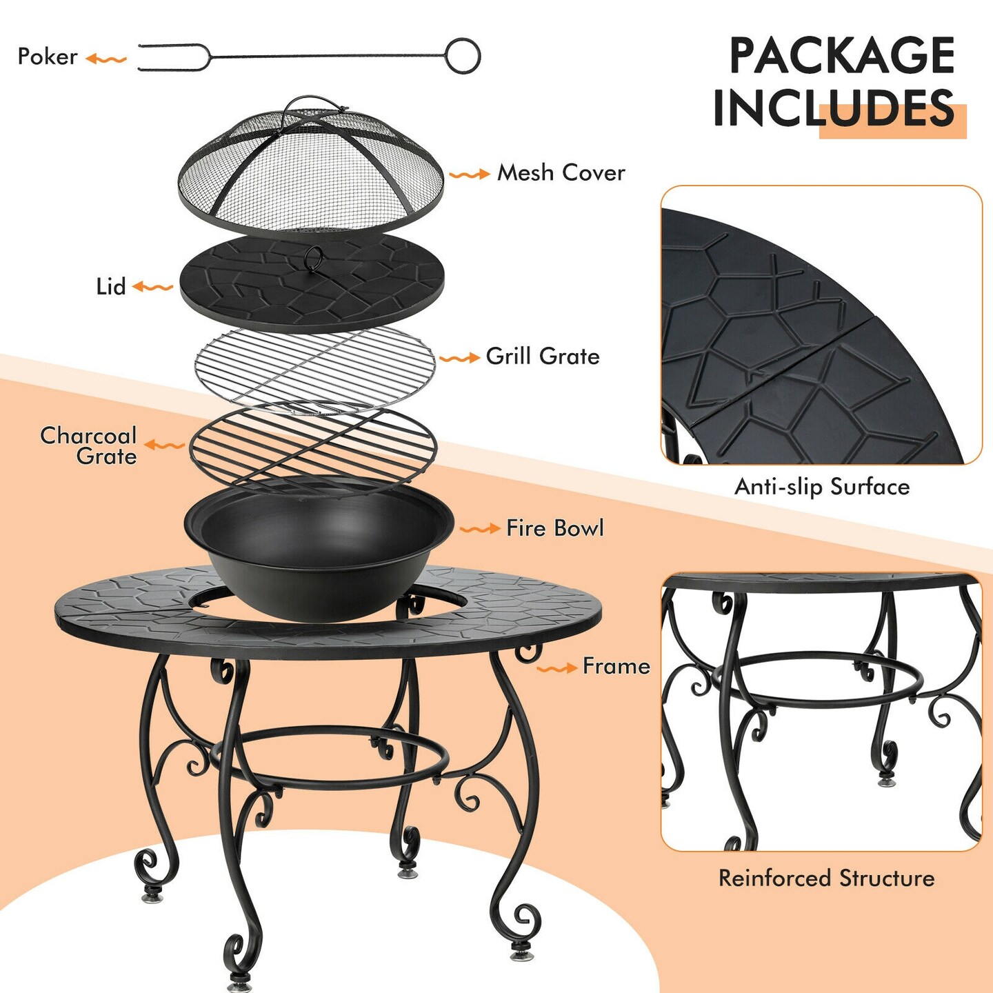 Black 35.5" Wood Burning Fire Pit Dining Table with BBQ Grill