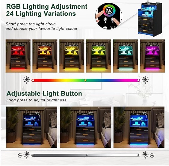 LED Nightstand with Charging Station, Black Nightstand with 3 Drawers, Wireless Charging/USB Ports on Smart Nightstand, Modern Bedside Table with Sensor Light for Bedroom Furniture (Black)