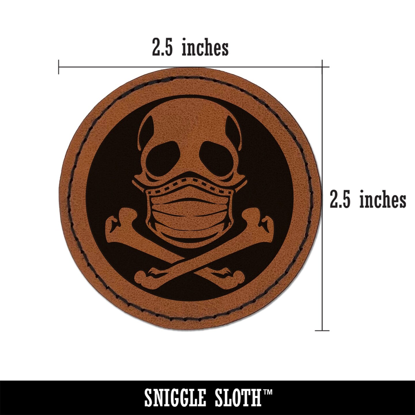 Skull Wearing Mask Round Iron-On Engraved Faux Leather Patch Applique - 2.5&#x22;