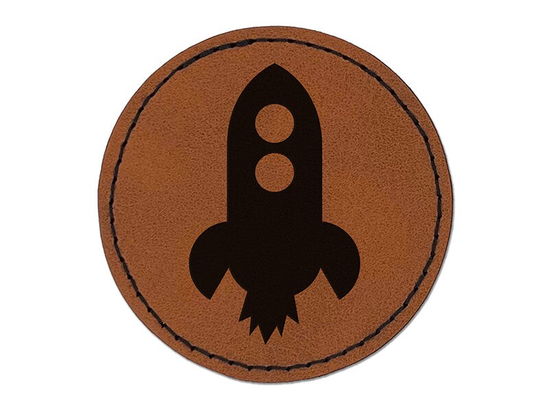 Rocket Ship Doodle Round Iron-On Engraved Faux Leather Patch Applique ...