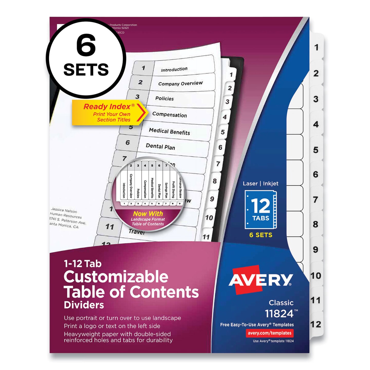 Avery Customizable Table of Contents Ready Index Black and White Dividers, 12-Tab, 1 to 12, 11 x 8.5, 6 Sets