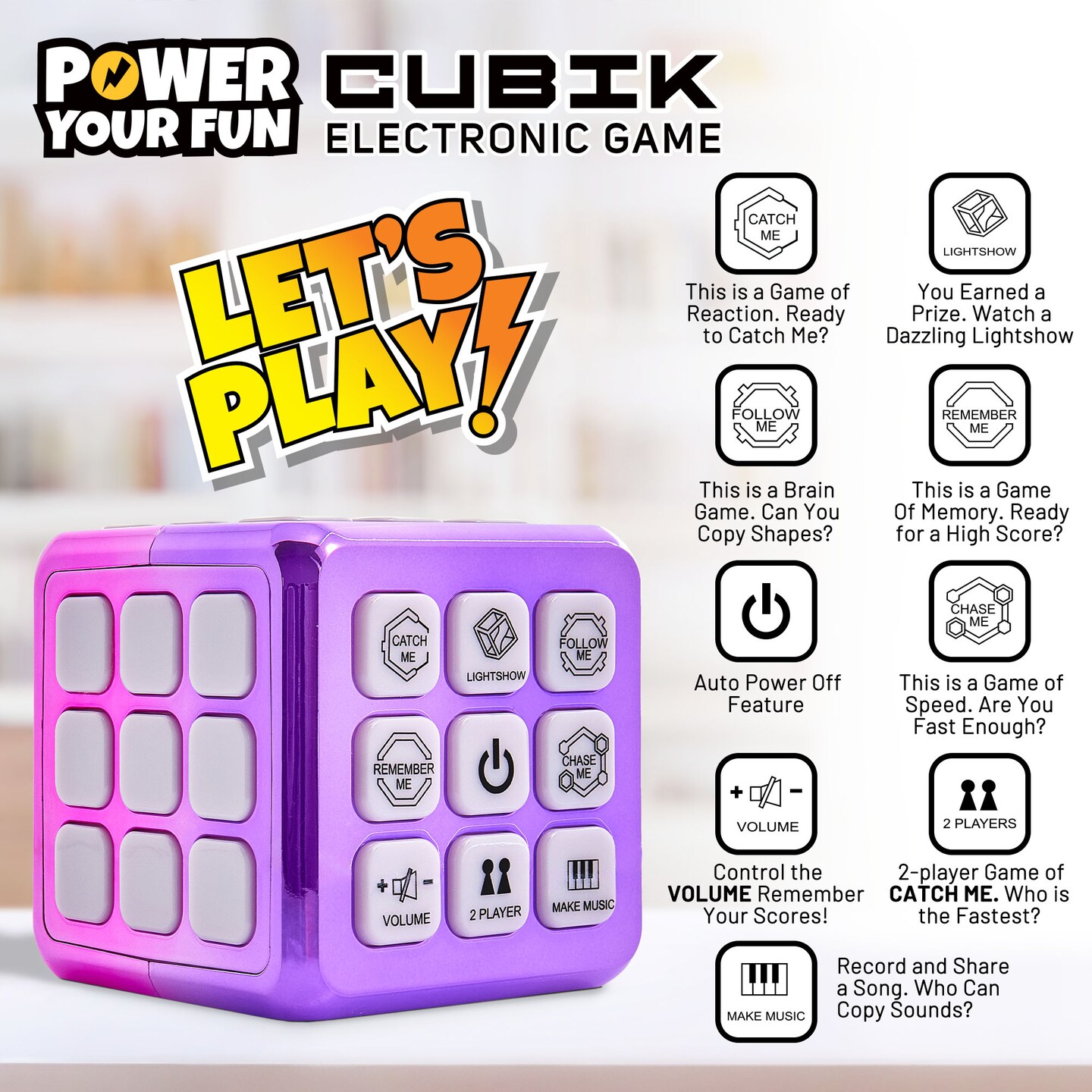 Power Your Fun Cubik LED Flashing Cube Memory Game - Metallic Pink/Purple