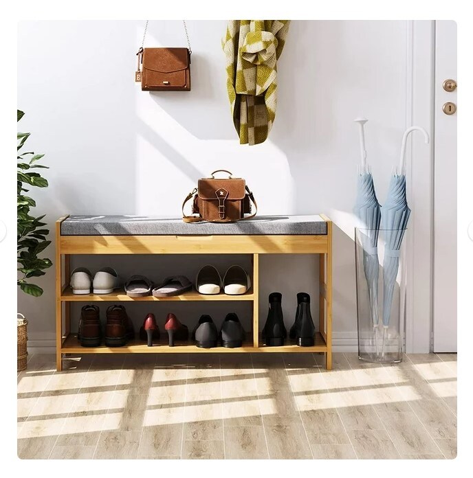 Bamboo Shoe Bench, Natural (up to 7 Shoes), 2 Tiers Shoe Rack with Storage and Padded Seat for Entryway, Bathroom