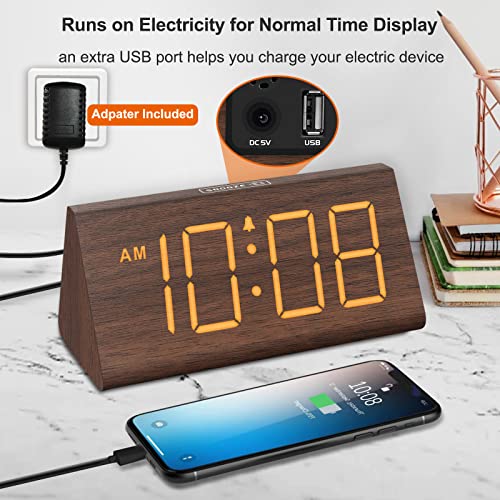 Wooden Digital Alarm Clocks for Bedrooms - Electric Desk Clock with Large Numbers, USB Port, Battery Backup Alarm, Adjustable Volume, Dimmer, Snooze, DST, 12/24H, Wood Décor (Brown)