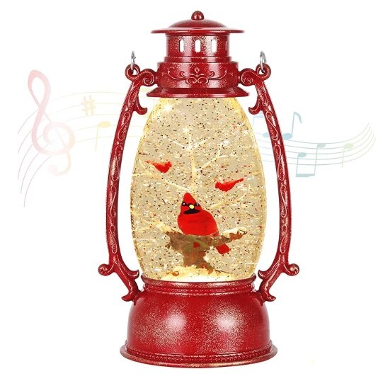 Cardinal Christmas Snow Globes, Swirling Glitter Hanging Snow Globe for Gift and Home Decor, 6H Timer Lighted Christmas Lantern with Music
