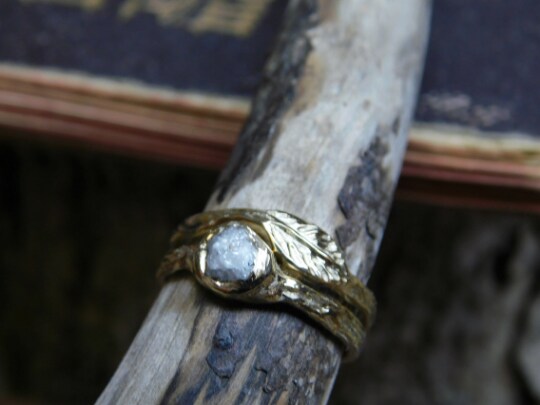 14K cast Gold Rough Diamond Engagement Ring Weeping WILLOW Raw Uncut, 14 K Wedding Band Ring Set, Rustic Tree Branch Handmade. Woodland product 3