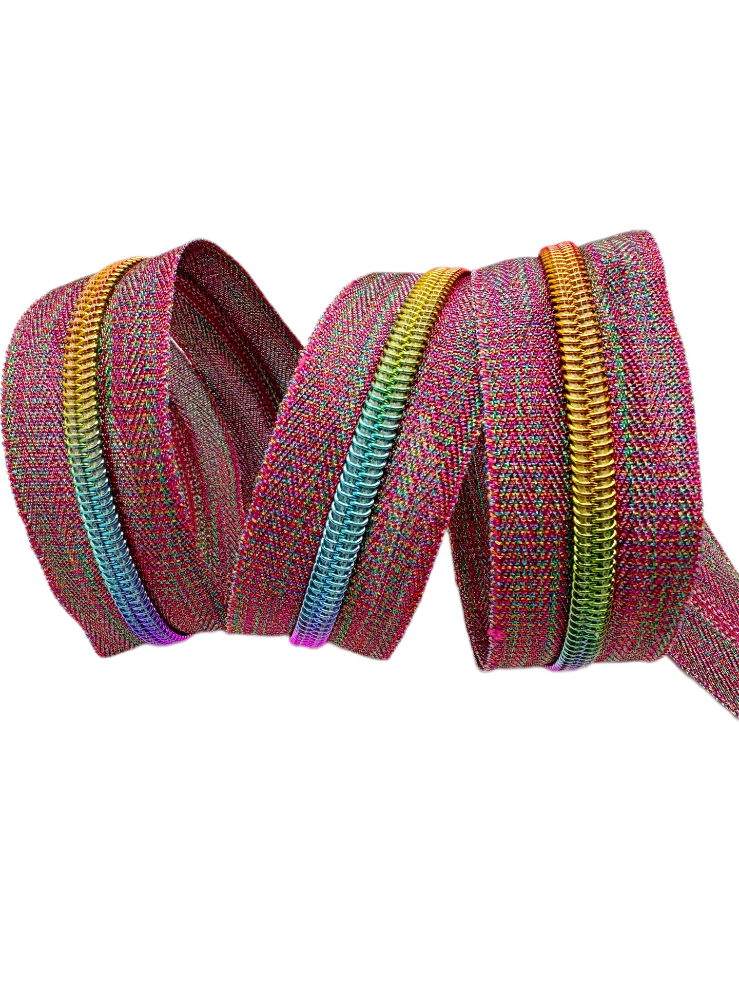 Metallic multi pink with Rainbow teeth Zipper Tape