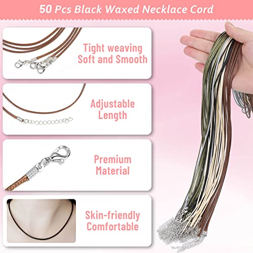 Necklace Cord, Paxcoo 50Pcs Necklace String Rope with Clasp, 24 Inch Waxed Cotton Cord Necklace Bulk for Charms Pendants, Bracelets, Necklaces, Jewelry Making Supplies and Beading Supplies