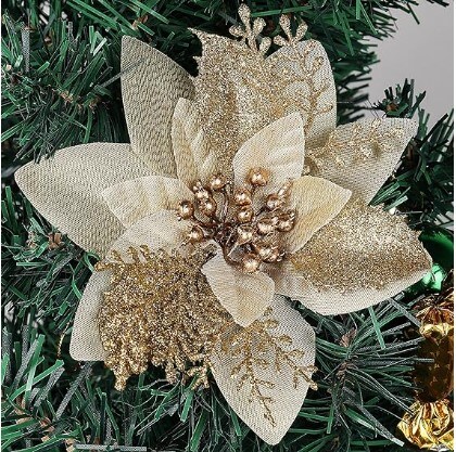 Glitter Poinsettia Christmas Tree Ornaments 10PCS,Artificial Poinsettia Flowers 6&#x22; Wide Xmas Tree Ornaments for Xmas Tree Wreaths Garland Wedding Decorations for the Holiday Season (Gold)