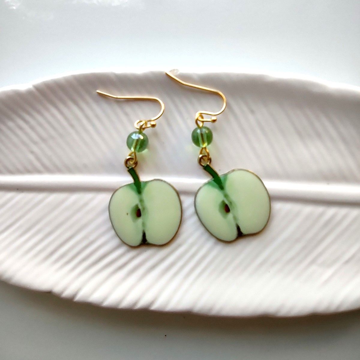 Handmade Sliced Green Apple Fruit Metal Charm Gold Tone Earrings 286146745082511360
