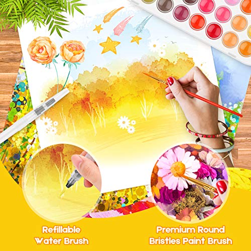48-Color Watercolors Cake & a Brush a Refillable Water Brush Pen, Portable Water Colors Paints Set for Kids Children Students Adults Beginner Artists Painting Supplies