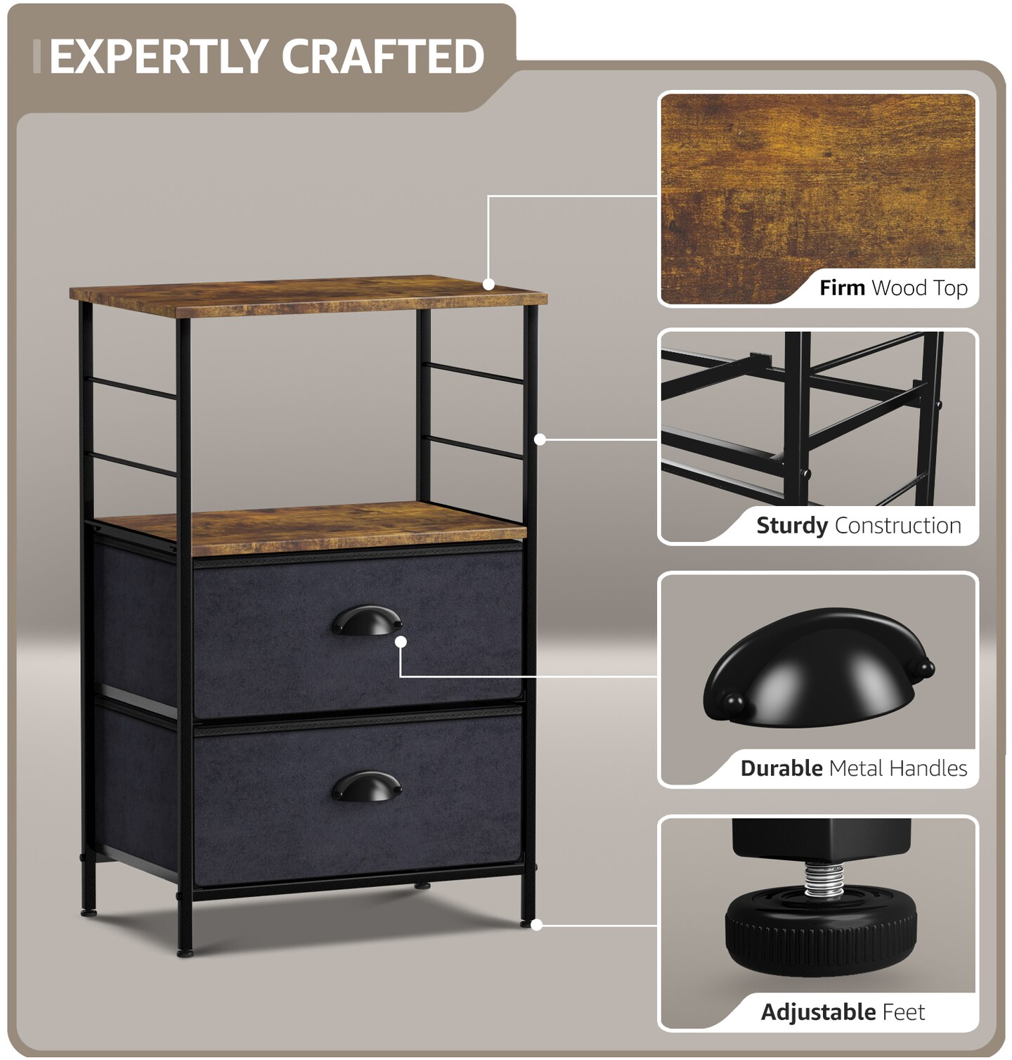 Sorbus Nightstand 2-Drawer Shelf Storage - Bedside Furniture &#x26; End Table Chest Dresser with Steel Frame, Wood Top &#x26; Easy Pull Fabric Bins for Home, Bedroom, Closets, Bathroom, Office &#x26; College Dorm