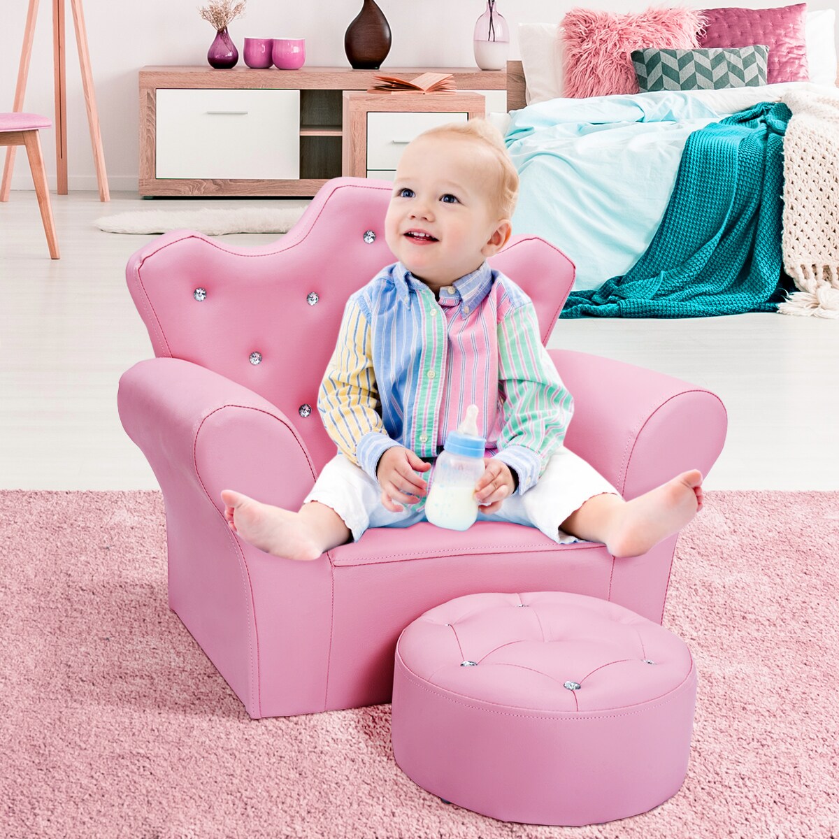 Costway Pink Kids Sofa Armrest Chair Couch Children Toddler Birthday Gift w/ Ottoman