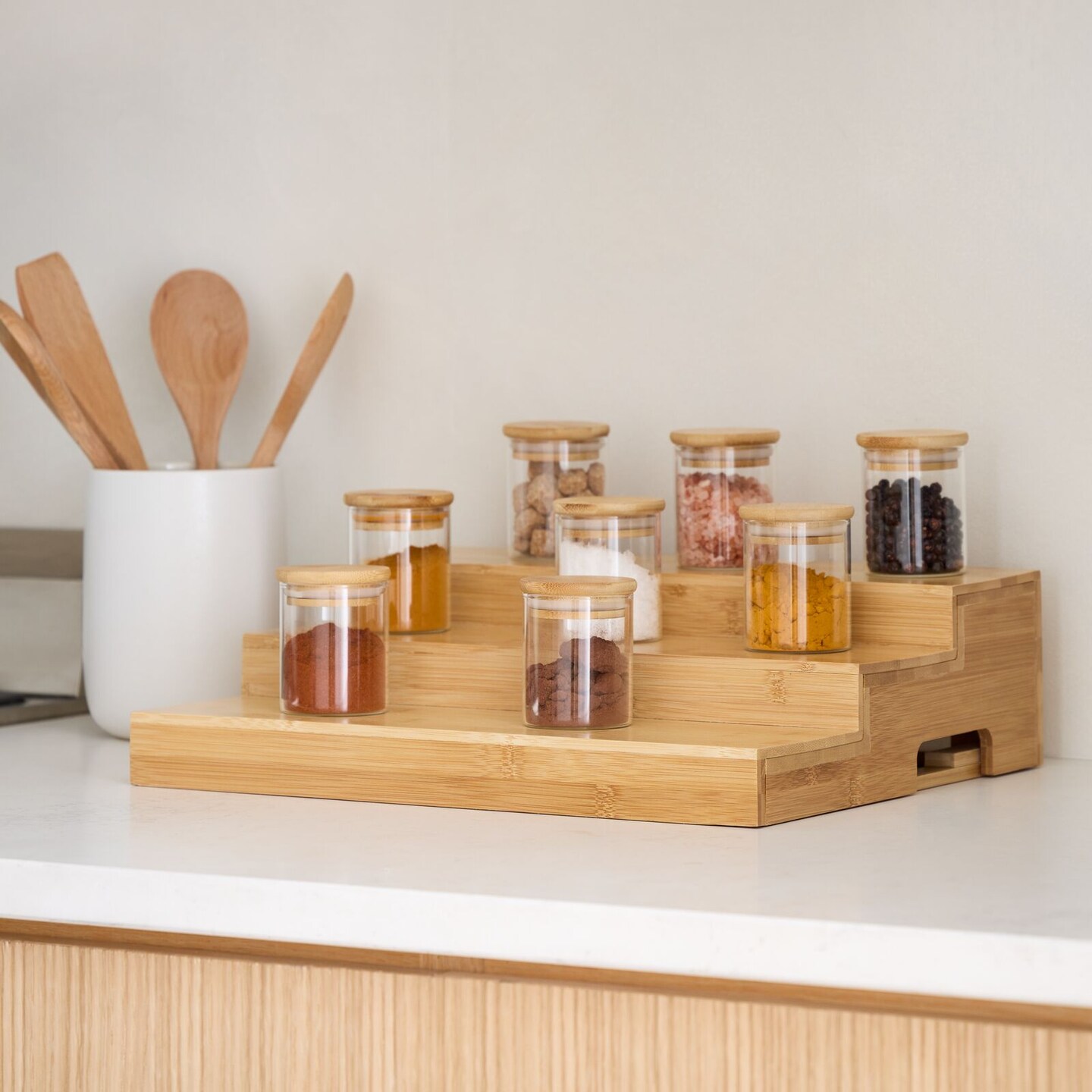 mDesign Bamboo Wood Expandable Spice Rack Adjustable Organizer - Natural