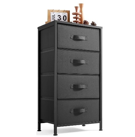 Black Four-Drawer Dresser for Bedroom, Wood Top and Steel Frame Chest of Drawers, Storage Drawers for Closet, Living Room, Hall, and Entryway
